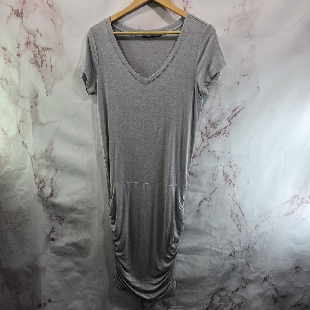 Prana Dress Womens Medium Gray V Neck T Shirt Modal Bamboo Short Sleeve Ruched